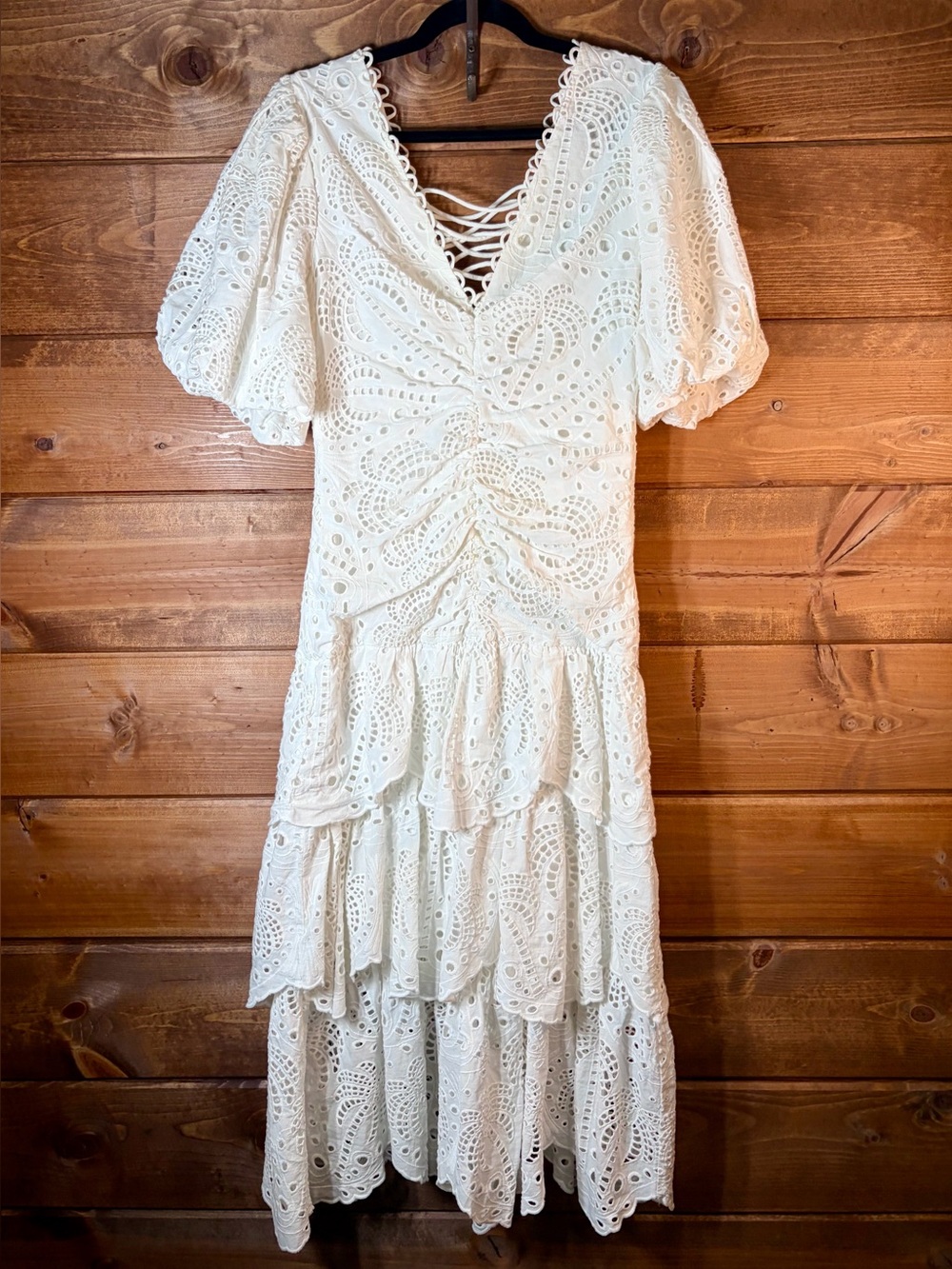 Farm Rio White Eyelet Lace Up Back Midi Dress Small Cottagecore Boho Size Small